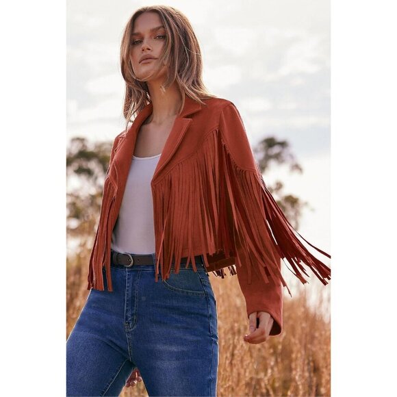 Women's  Brick Red Faux Suede Leather Tassel Motorcycle Cropped Jackets - Picture 4 of 9